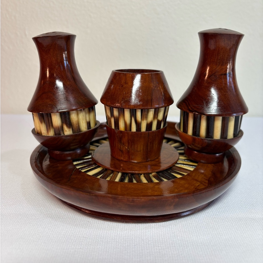 Vintage African Olive Wood and Porcupine Quill Salt Pepper Toothpick Set MCM
